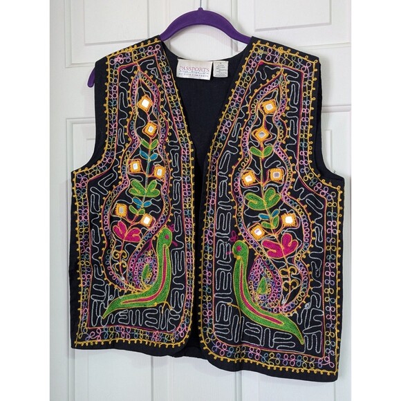 VTG Passports Pier 1 Imports Embroidered Vest Black Peacock Mirror Tiles Medium - Picture 1 of 7